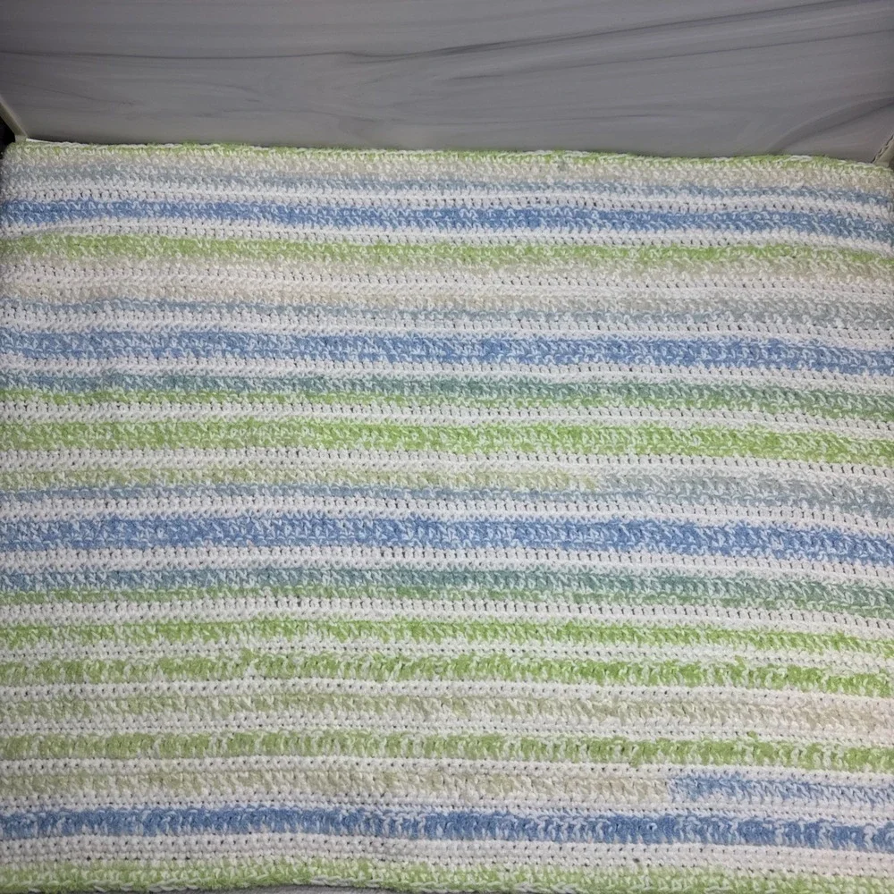 Handmade Crochet Striped Throw Blanket Blue Green White Afghan Cottagecore 47x26